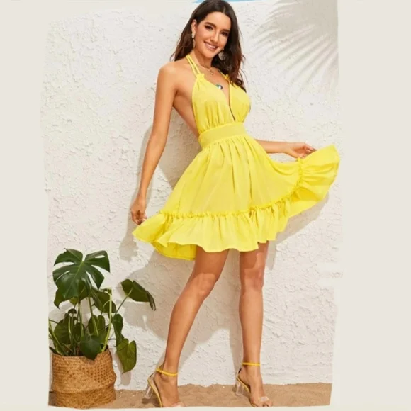 Yellow Plunging Neck Open Back Frilled Halter Dress | Color: Yellow | Size: M | Yulia_Sm's Closet
